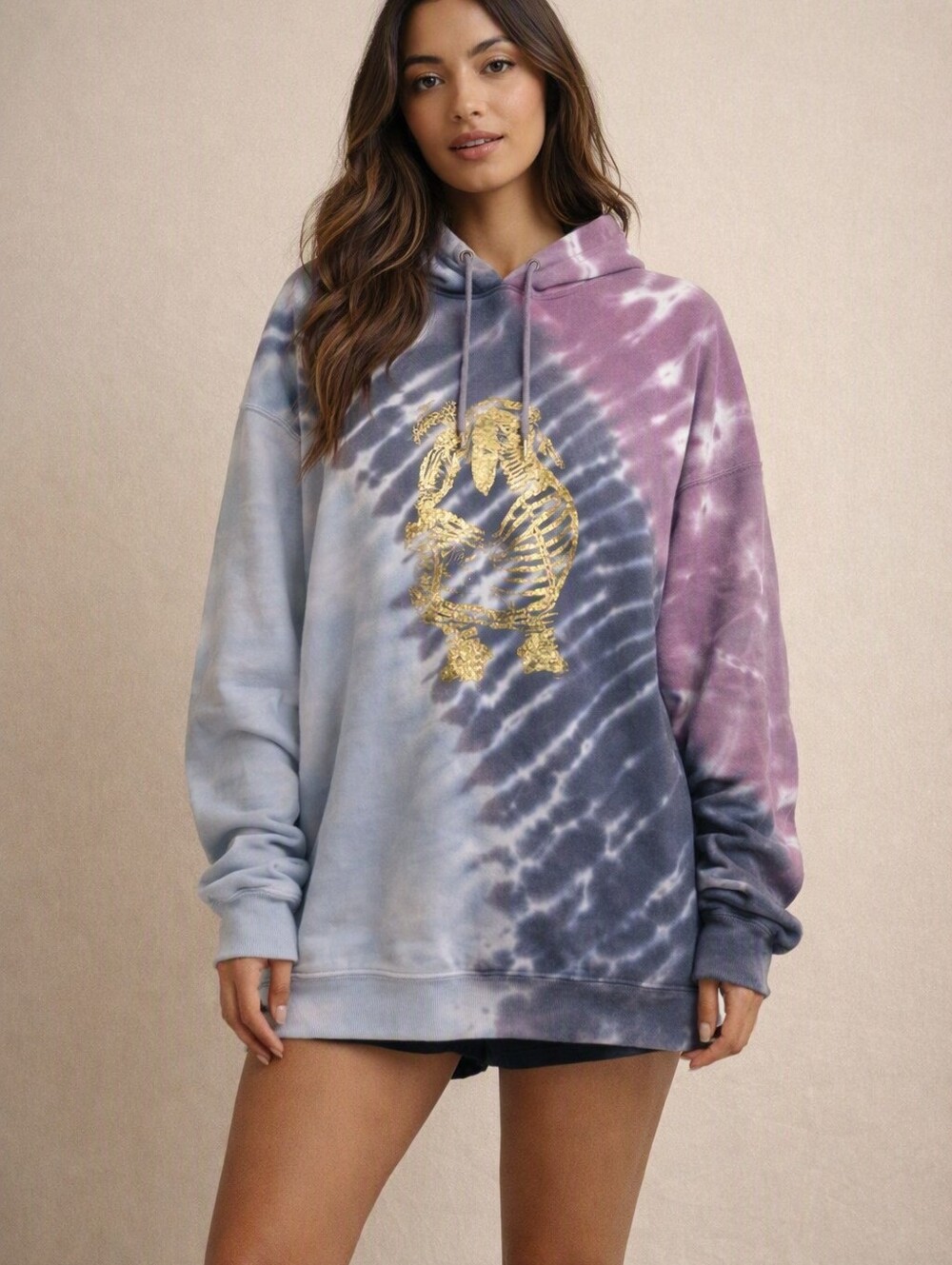 Handmade Upcycled Tie-Dye Hoodie – Gold Skeleton Design. LS30
